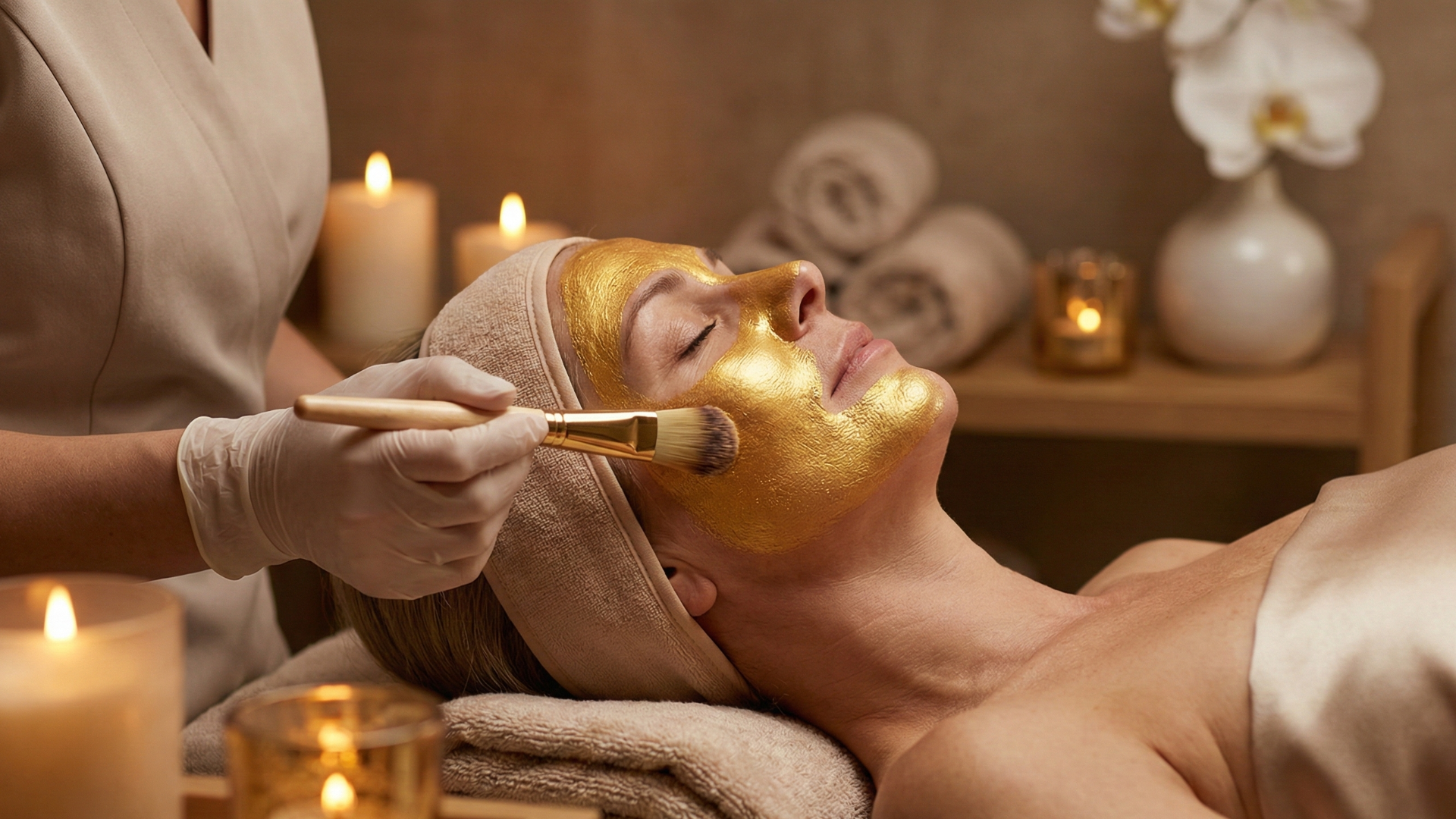 Esthetician applying a luxury 24k gold facial mask to a mature woman's face at Willow Glow Clinics.