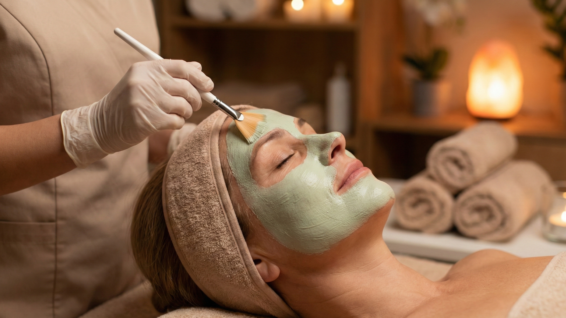 Mature woman receiving a soothing Acne Rescue clay mask treatment for sensitive skin.