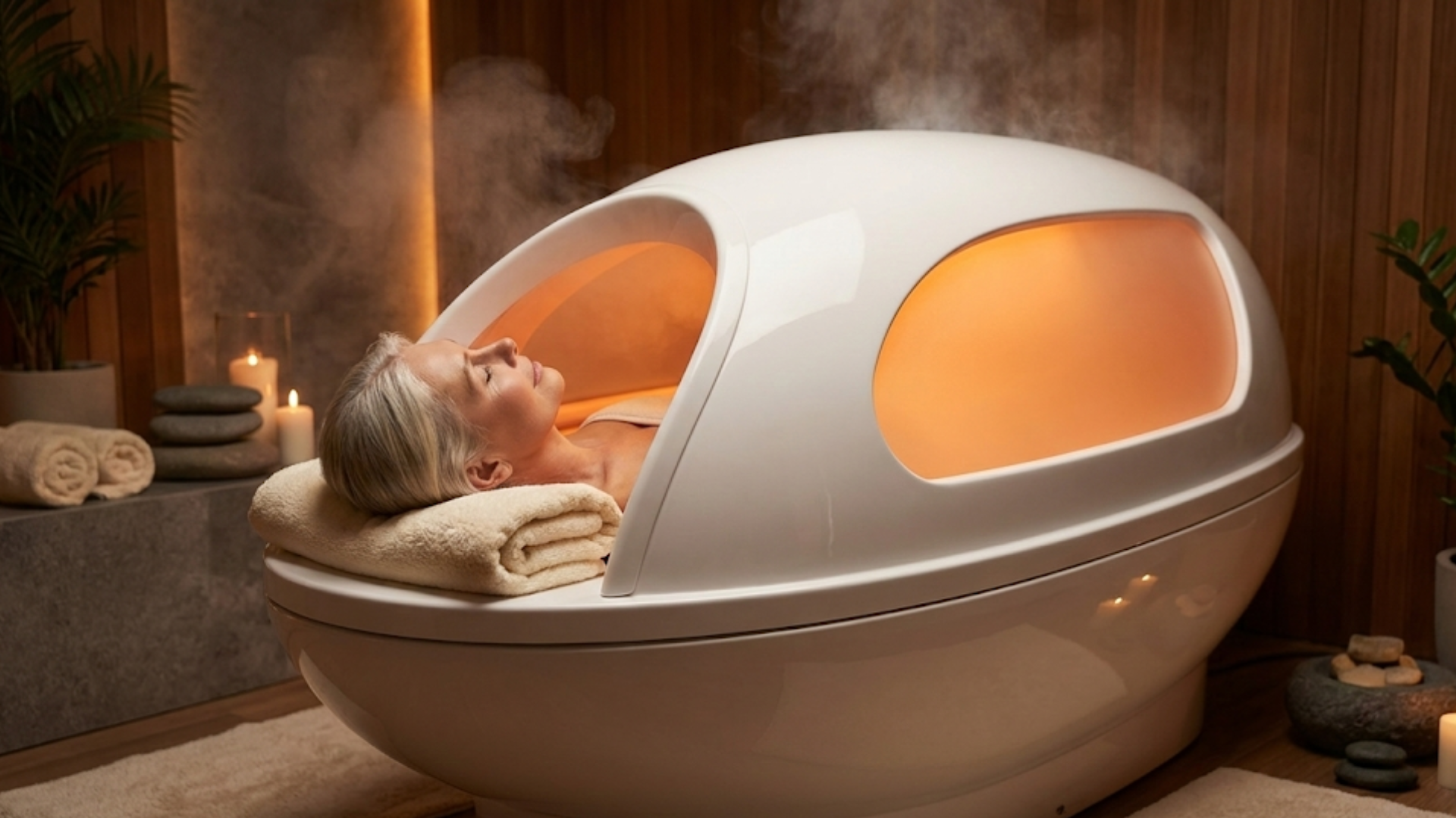 Woman relaxing inside a wellness infrared sauna pod for a full body detox treatment.