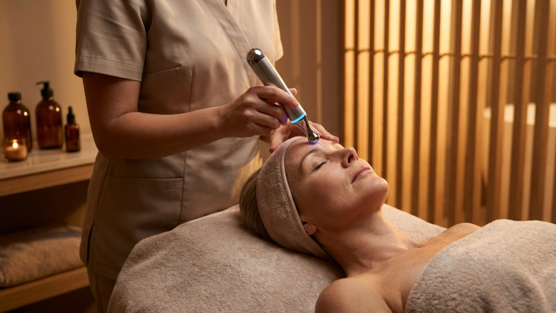 Needle-free Botox Facial treatment being performed on a woman's forehead to smooth fine lines.