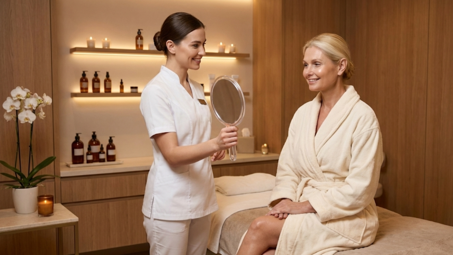 Esthetician conducting a personalized skin consultation with a mature client at Willow Glow Clinics.