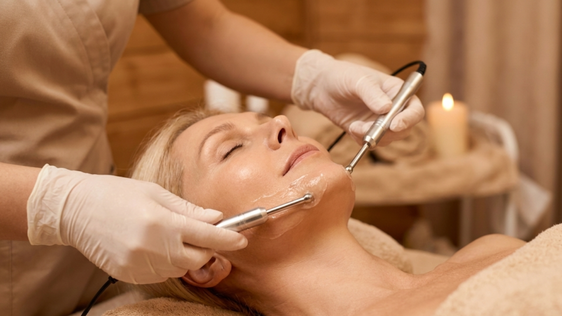 Microcurrent facial lifting treatment being performed on the jawline of a mature client.