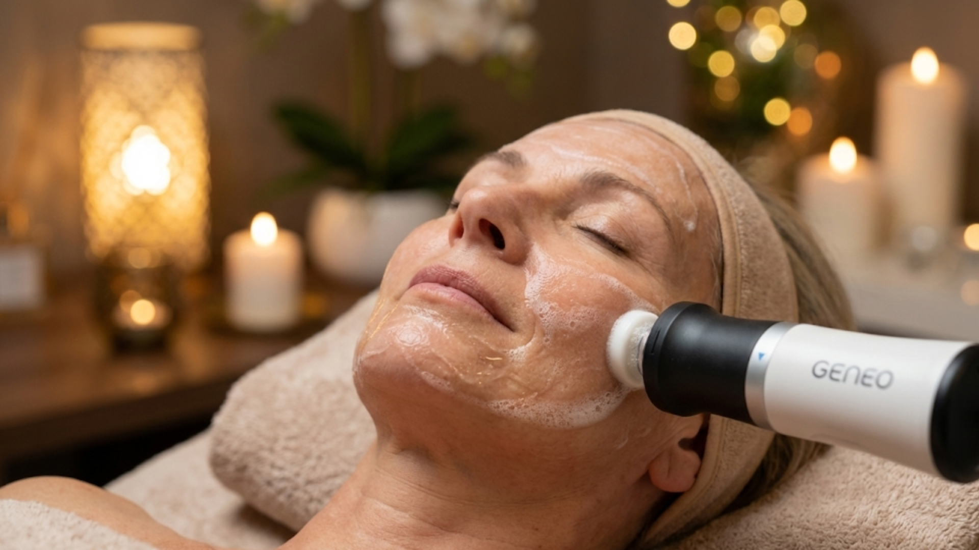 Geneo 3-in-1 Super Facial device exfoliating and oxygenating a client's skin.