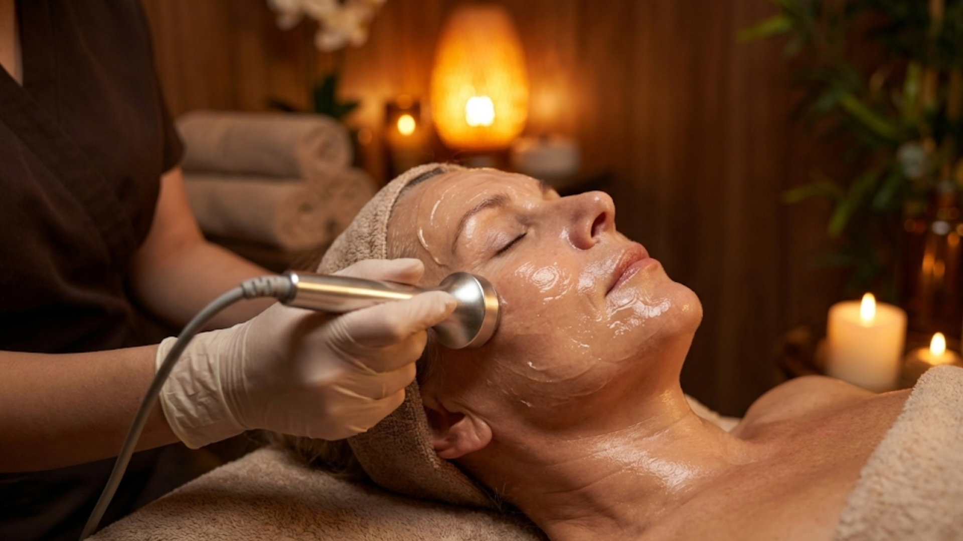 Ultrasound handpiece gliding over a woman's face during a Glow2 luxury facial treatment.