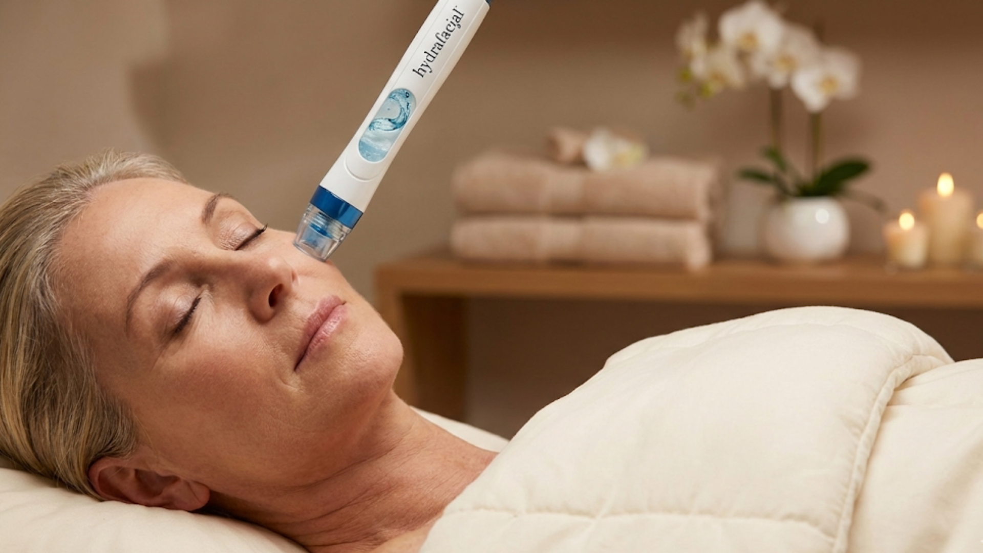 Close-up of a HydraFacial wand gliding over a woman's cheek for deep pore cleansing and hydration.