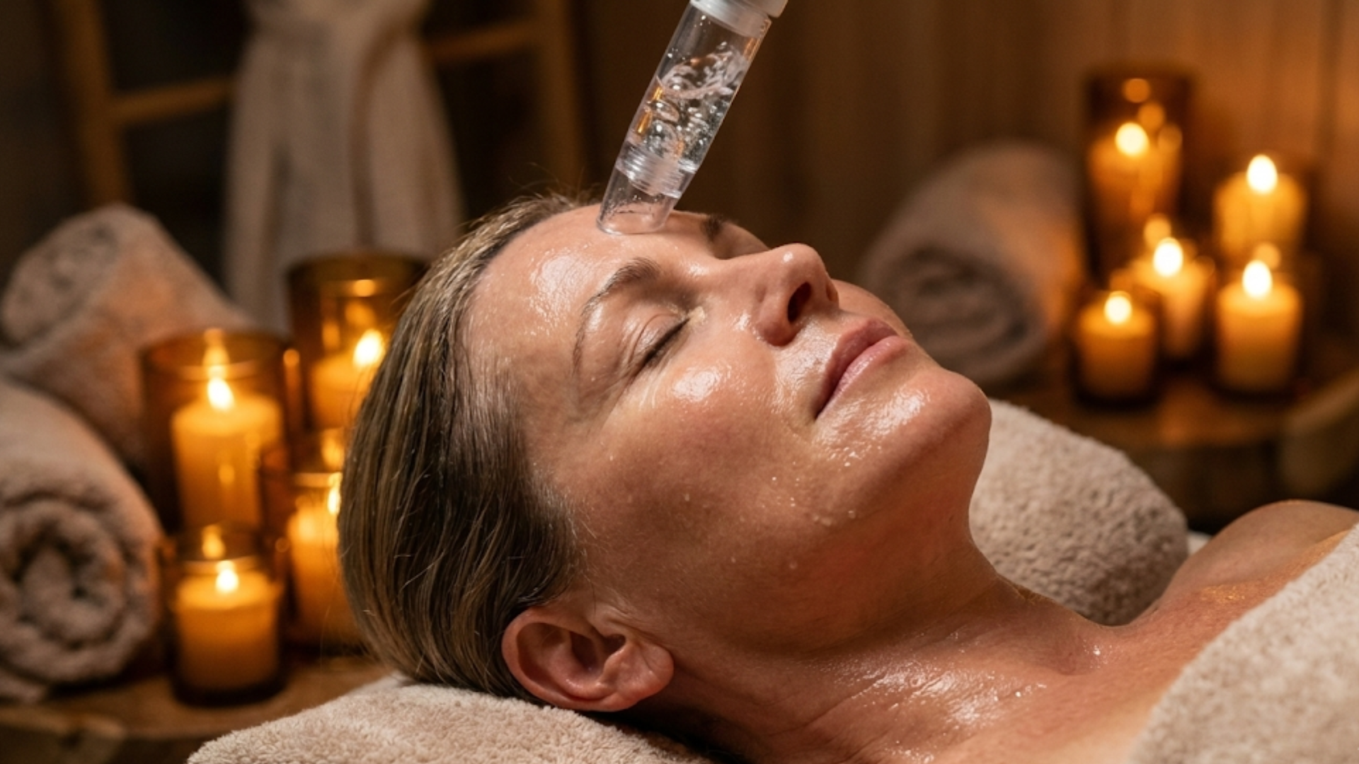 Hydro-dermabrasion wand infusing water and serum into a mature woman's skin during a Hydroglow Facial.
