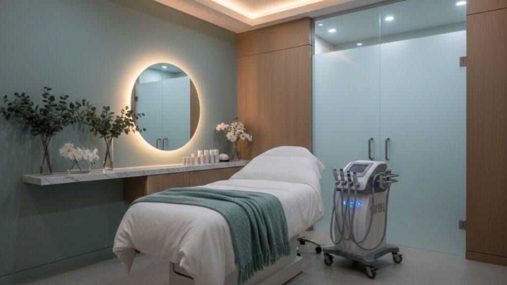 A luxurious and modern treatment room at Glow Clinics medical spa in San Jose featuring advanced skincare technology and a calming teal decor.