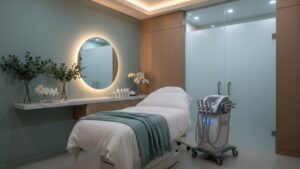 A luxurious and modern treatment room at Glow Clinics medical spa in San Jose featuring advanced skincare technology and a calming teal decor.