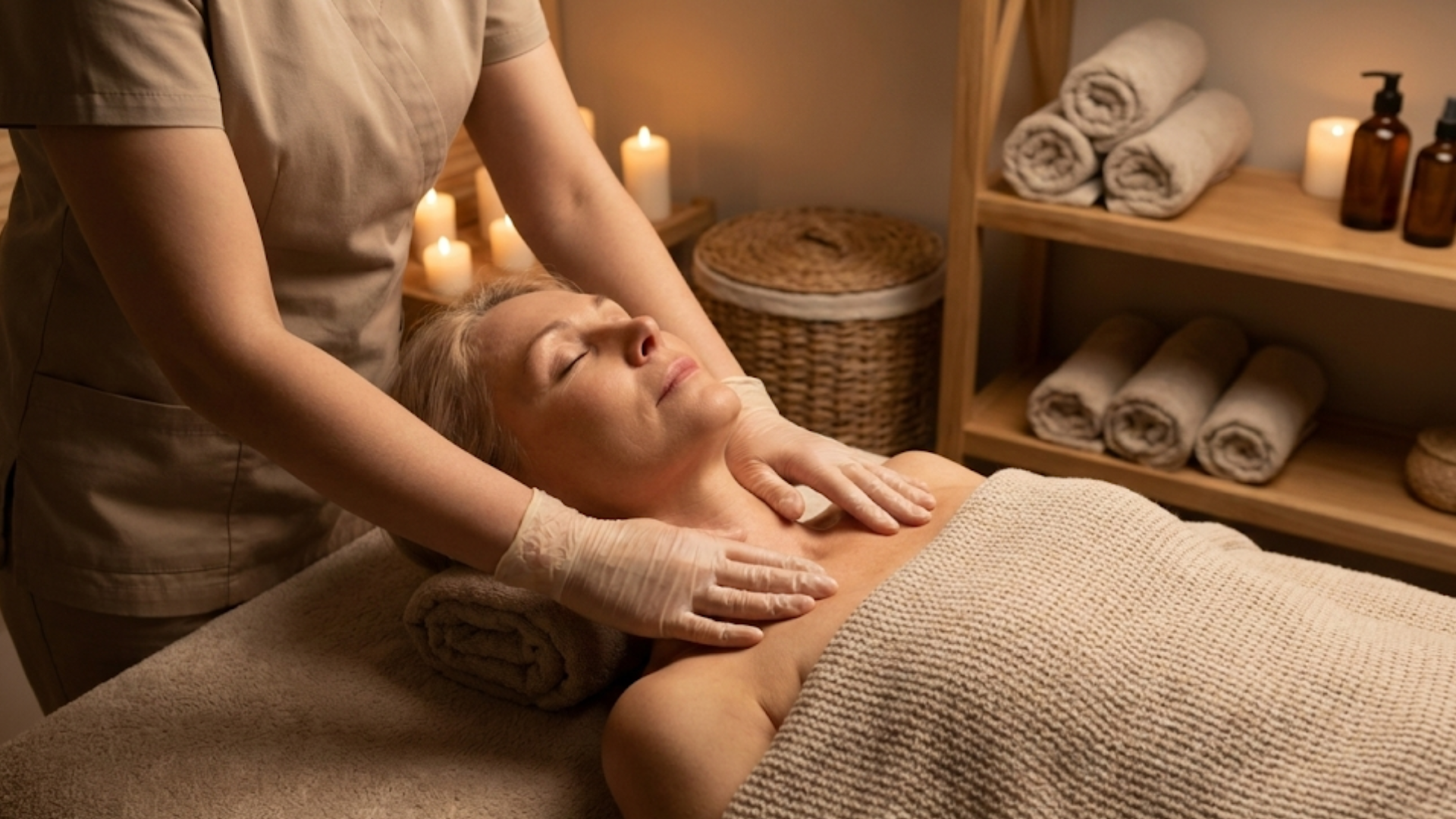Gentle lymphatic drainage massage being performed on a client's neck to reduce facial puffiness.
