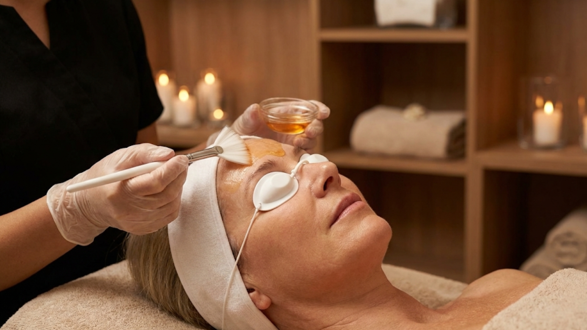 Professional application of a gentle exfoliating chemical peel on a mature client's face.