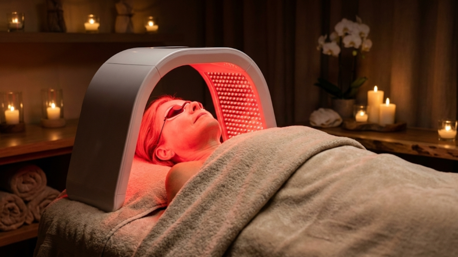 Professional red LED light therapy session for skin rejuvenation and collagen stimulation on a mature client.