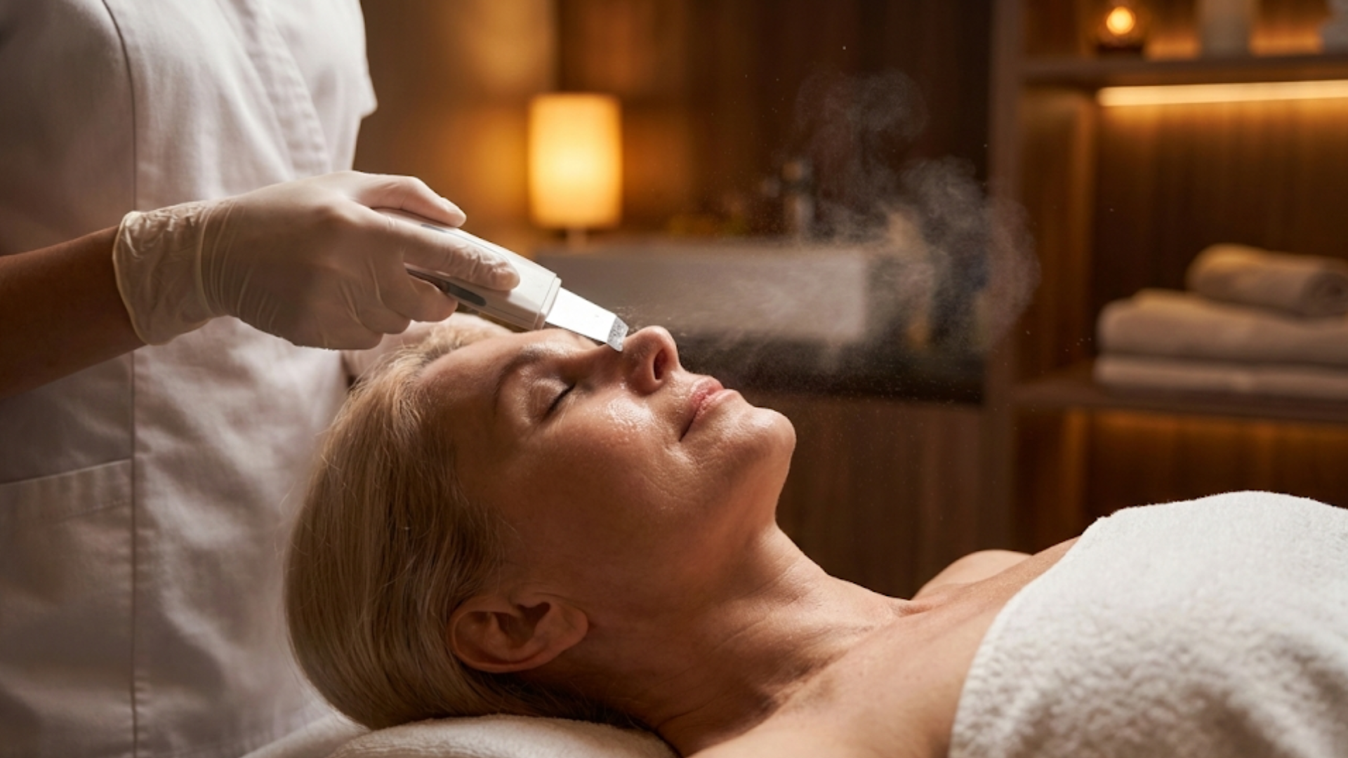 Ultrasonic skin spatula removing impurities and misting water from a client's nose.