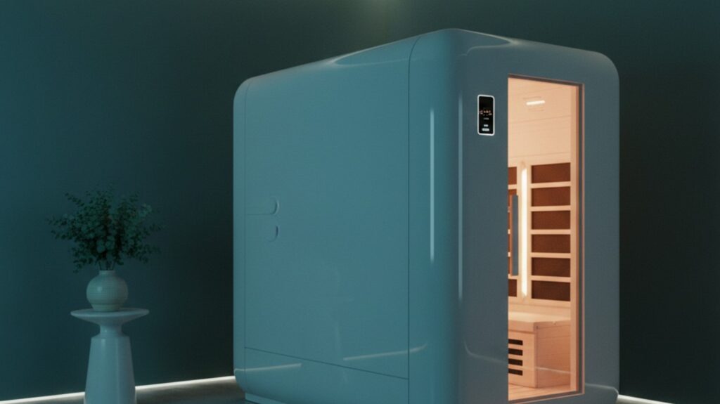 A futuristic white infrared sauna pod in a dimly lit, serene wellness room with soft teal accents and warm ambient lighting.