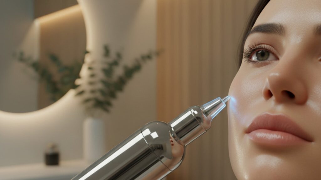 Close-up of a high-tech needle-free microneedling device being used on a client's glowing skin in a professional San Jose spa setting.