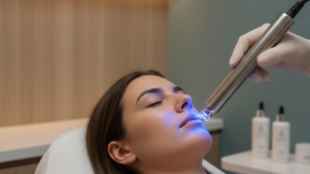 A professional and clean image of an acne-focused facial treatment in progress at Glow Clinics, using soothing blue light therapy and clinical-grade serums.