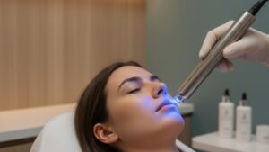 A professional and clean image of an acne-focused facial treatment in progress at Glow Clinics, using soothing blue light therapy and clinical-grade serums.