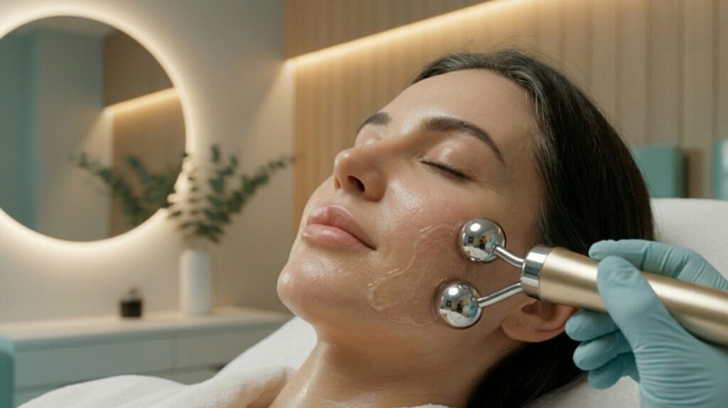 A close-up portrait of a woman receiving an ElectraGlow microcurrent treatment at Glow Clinics in San Jose. A sleek, modern microcurrent device with two spherical probes is being used on her jawline and cheekbone.