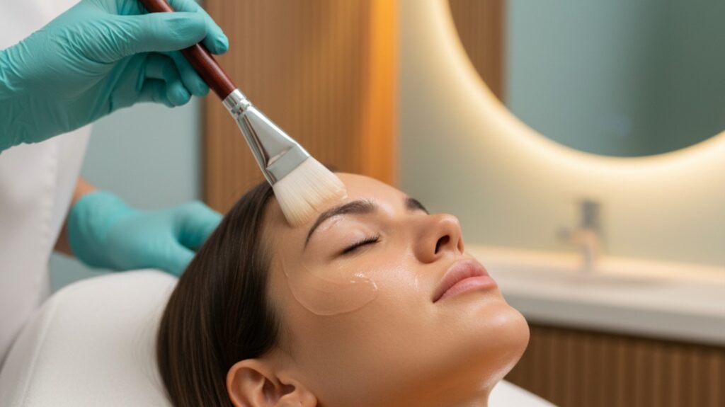 An esthetician gently applying a brightening chemical peel treatment to a client's face in a modern spa room.
