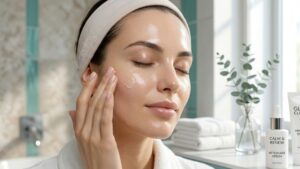 A woman performing facial aftercare in San Jose by applying a soothing serum after a professional treatment at Glow Clinics.