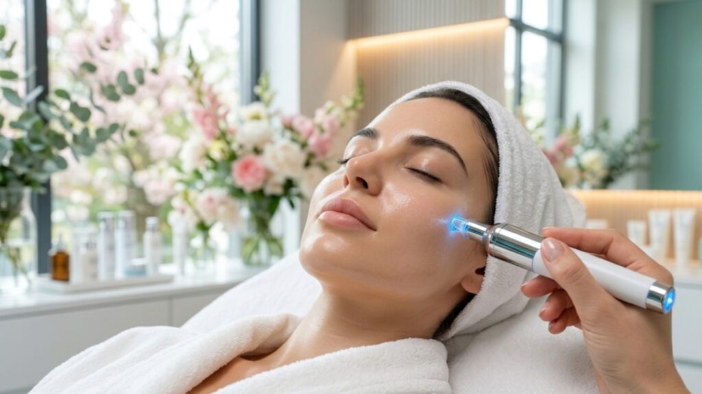 A close-up of a person receiving a deep hydration HydraFacial treatment at Glow Clinics in San Jose. A clear wand with a gentle vortex-extraction tip is being used on their cheek, surrounded by a subtle mist of hydrating serum.
