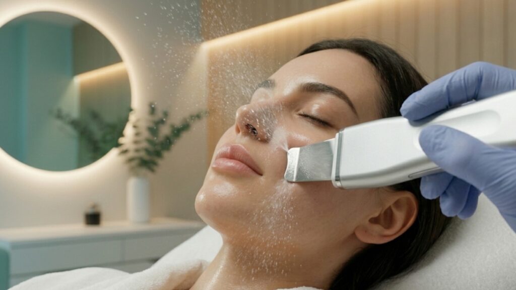 A close-up of an ultrasonic skin scrubber device being used to gently exfoliate a client's nose and chin at Glow Clinics in San Jose.