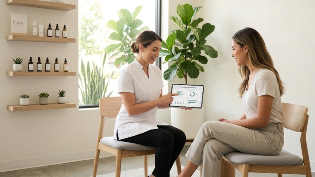 A professional discussing a professional skin rejuvenation plan with a client at Glow Clinics in San Jose.