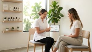 A professional discussing a professional skin rejuvenation plan with a client at Glow Clinics in San Jose.