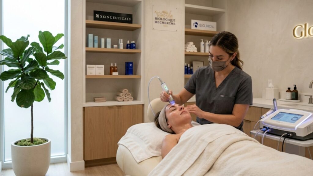 A woman receiving a professional facial treatment at a luxury skincare clinic in San Jose.