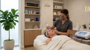 A woman receiving a professional facial treatment at a luxury skincare clinic in San Jose.