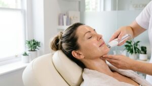 A client receiving a needle-free microneedling treatment at Glow Clinics in San Jose for skin rejuvenation.