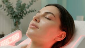 A woman with calm and even skin tone receiving a Radiantage LED light therapy treatment to reduce skin redness at Glow Clinics in San Jose.