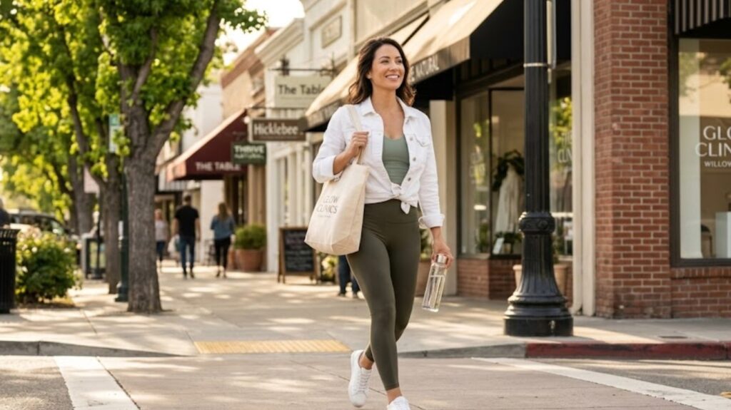 A bright, lifestyle shot of a woman walking through the charming downtown Willow Glen area in San Jose, carrying a boutique shopping bag and looking refreshed.