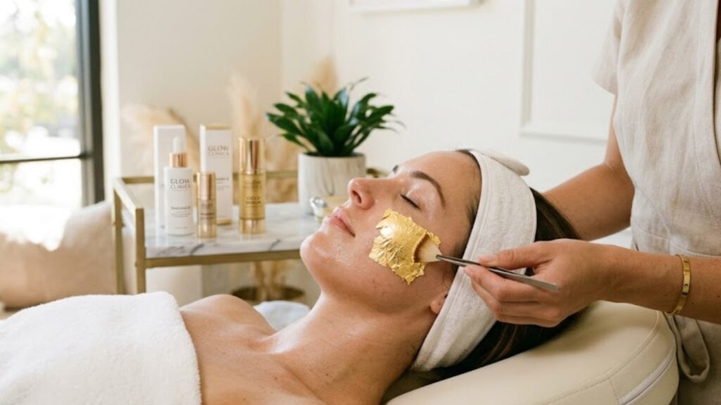 A client receiving a luxury 24k gold facial treatment for skin brightening at Glow Clinics in San Jose.