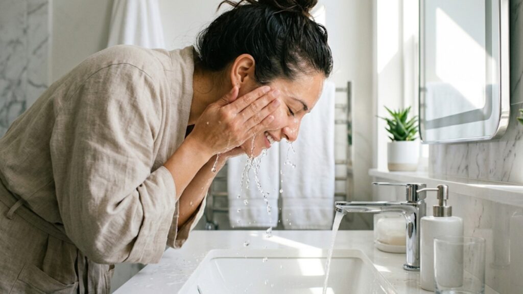 A person practicing proper facial aftercare by using gentle water and avoiding harsh products in San Jose.