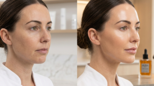 A before and after comparison showing the results of a 3-month skin journey case study at Glow Clinics.