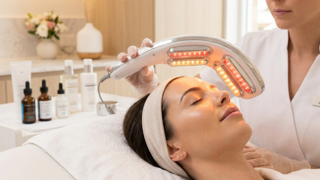 A client receiving professional light therapy as part of a targeted adult acne skincare solutions plan at Glow Clinics.