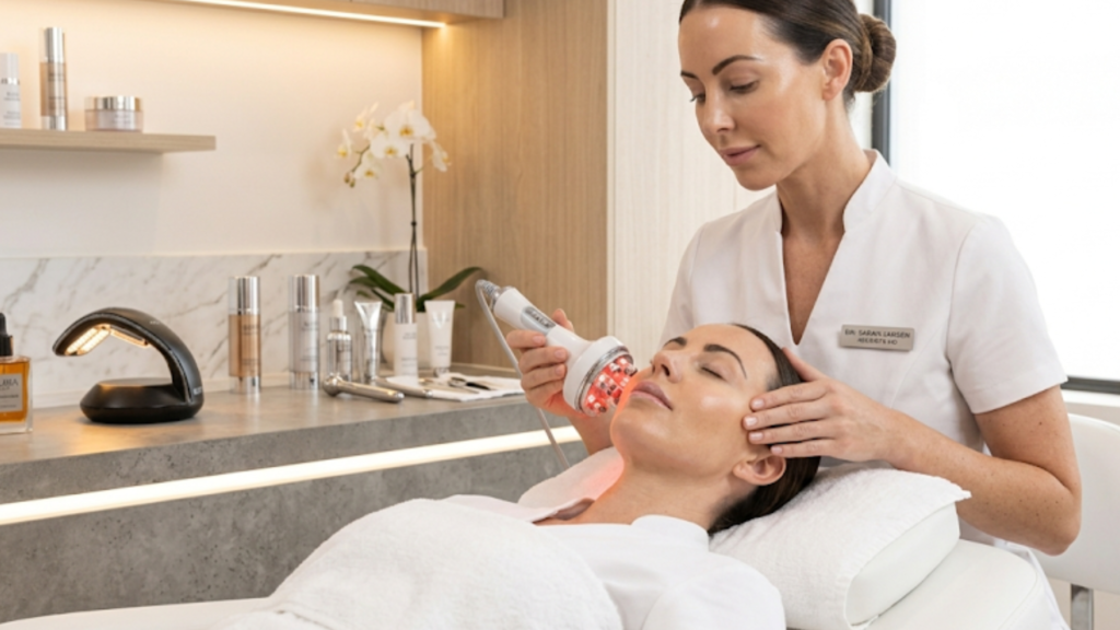 A client receiving a tech-driven advanced facial anti aging treatment to boost collagen and lift skin at Glow Clinics.