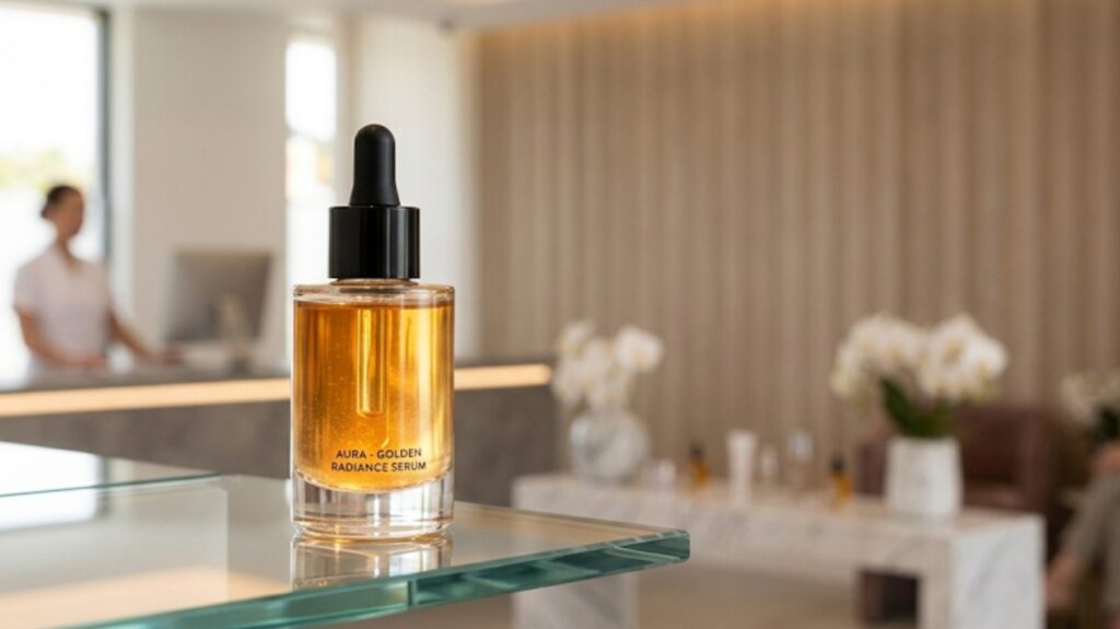 A premium skincare bottle representing the successful results of our annual skin transformation recap at Glow Clinics.