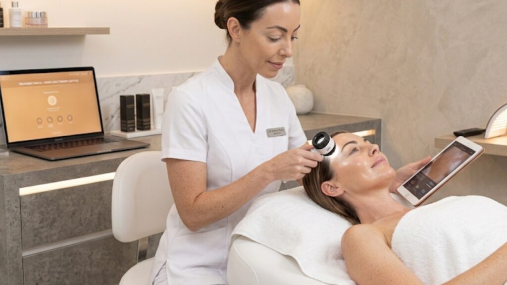 A tech professional receiving an advanced clinical facial treatment to reverse blue light skin damage at Glow Clinics.
