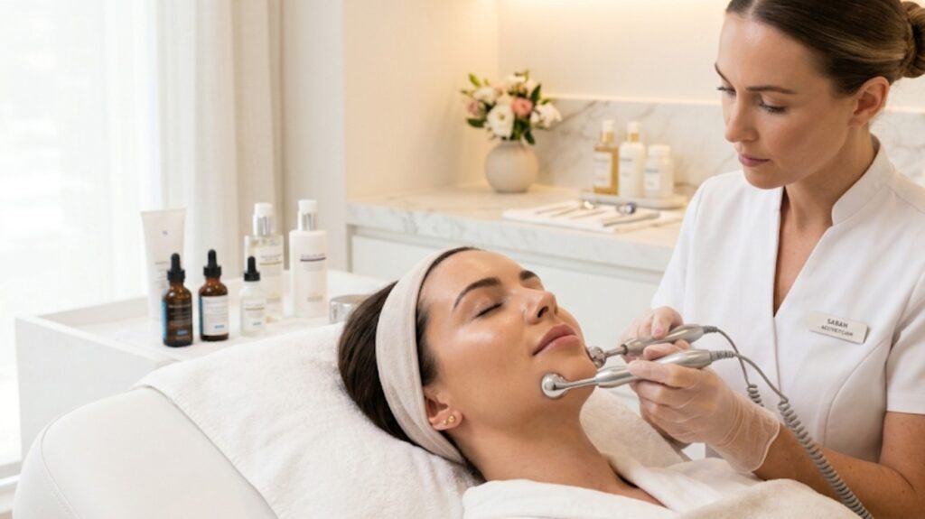 A client receiving an ElectraGlow microcurrent facial treatment for a non-surgical face lift at Glow Clinics in San Jose.
