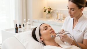 A client receiving an ElectraGlow microcurrent facial treatment for a non-surgical face lift at Glow Clinics in San Jose.