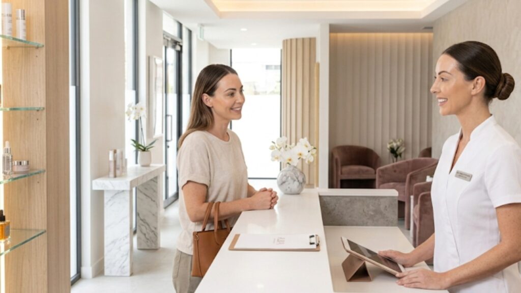 A client checking into a premium medical spa after completing their first spa visit prep for a treatment at Glow Clinics.