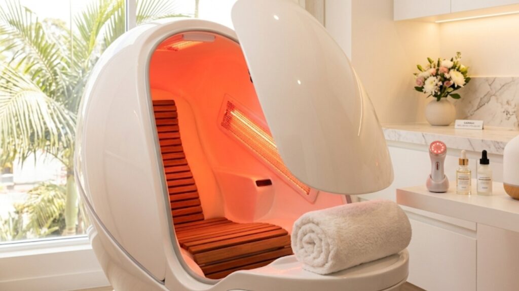 A sleek infrared sauna pod utilized for weight management and muscle recovery at Glow Clinics.