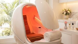 A sleek infrared sauna pod utilized for weight management and muscle recovery at Glow Clinics.