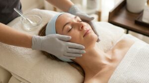 A client receiving a professional lymphatic drainage facial San Jose style at Glow Clinics to depuff and sculpt the face.