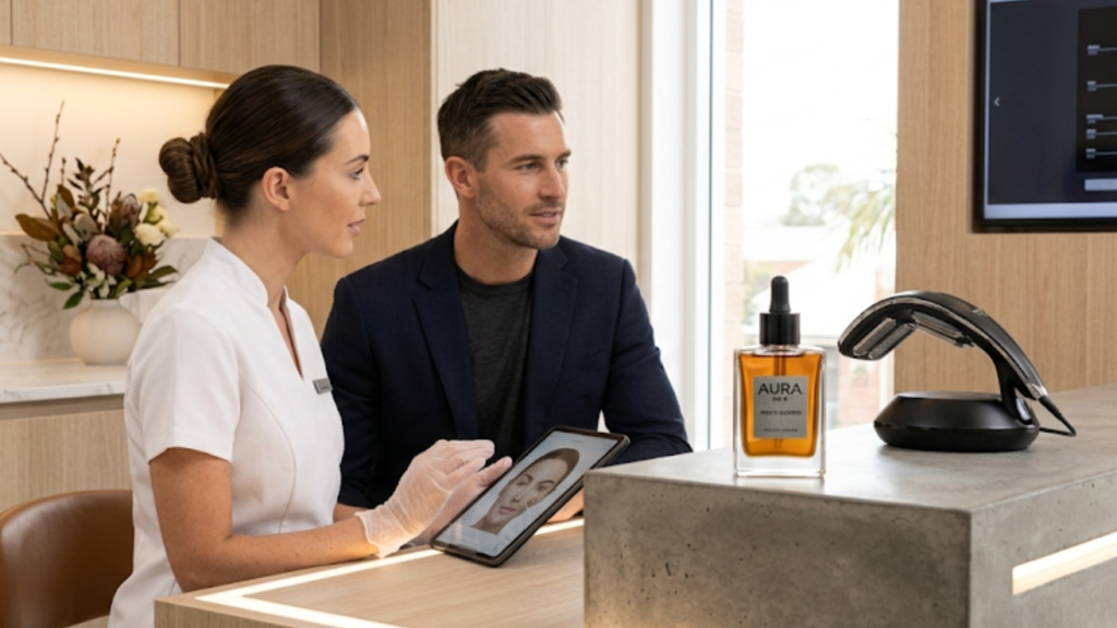 A male professional learning about modern men skincare trends valley options at Glow Clinics.