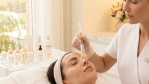 A client receiving a deeply hydrating facial treatment for summer skincare san jose protection at Glow Clinics.