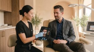Male tech executive undergoing a subtle Brotox consultation at Glow Clinics in Willow Glen San Jose