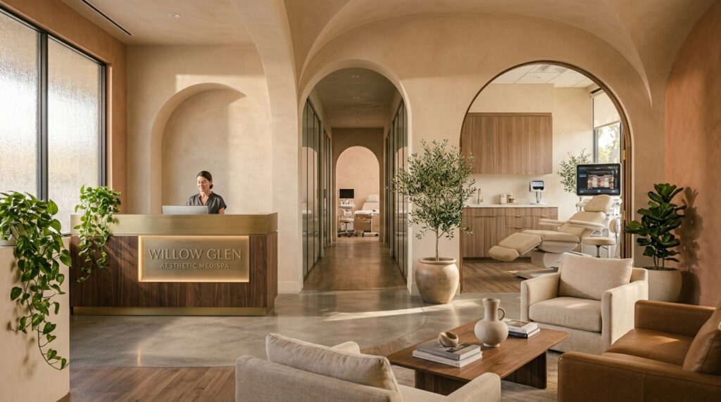 Luxury reception lounge and clinical setting at Glow Clinics in Willow Glen San Jose