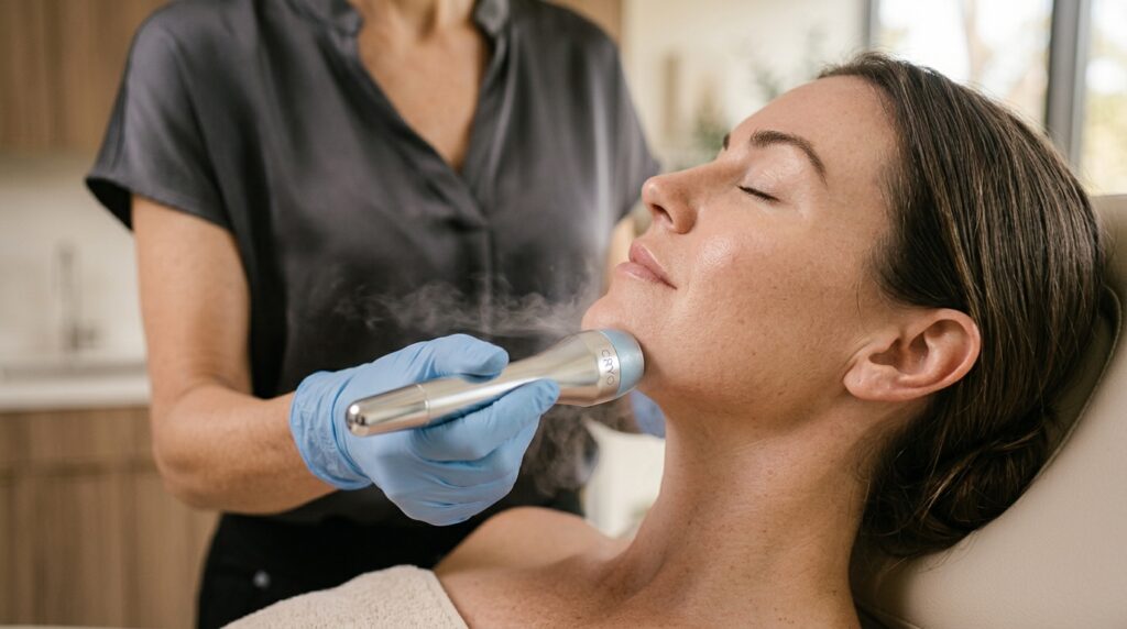 Localized sub-zero cryotherapy wand performing skin tightening treatment on jawline at Glow Clinics San Jose